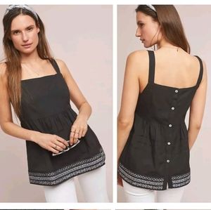 NWT Amit Aggarwal Olivia Embroidered linen Cotton Button Back Tank‎ Black Small